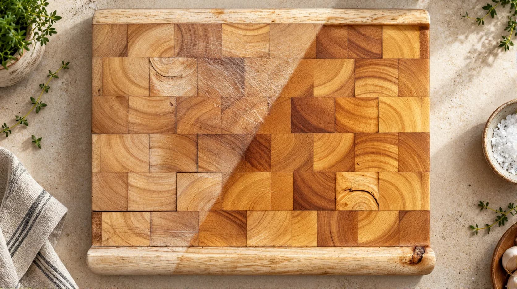A customer's end-grain chopping board, dry and scratched on the left, resurfaced and re-oiled on the right.